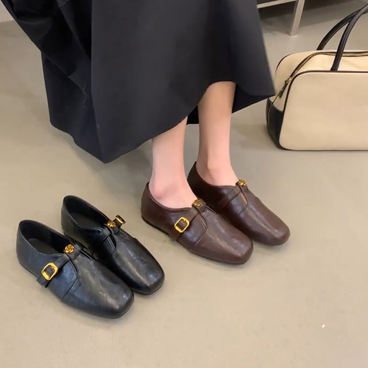 羊皮版~真皮复古时尚山茶花舒适软底小皮鞋女法式外穿深口乐福鞋主图