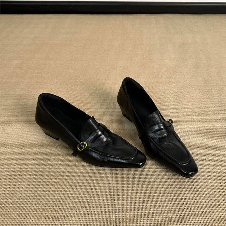 牛皮版~复古方头粗跟乐福鞋女通勤鞋气质一脚蹬单鞋皮带扣小皮鞋