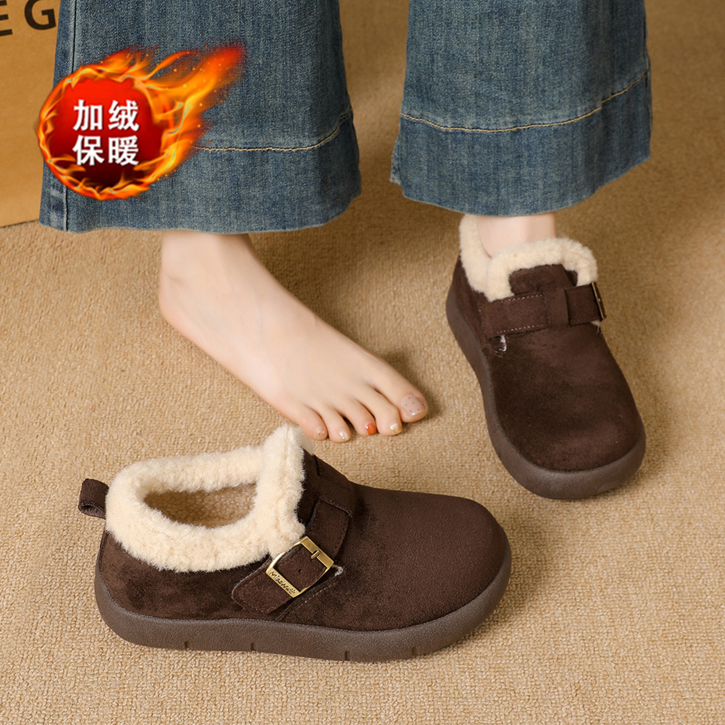 魔术贴加绒勃肯鞋女2025冬季保暖懒人毛毛雪地棉鞋软底乐福豆豆鞋主图
