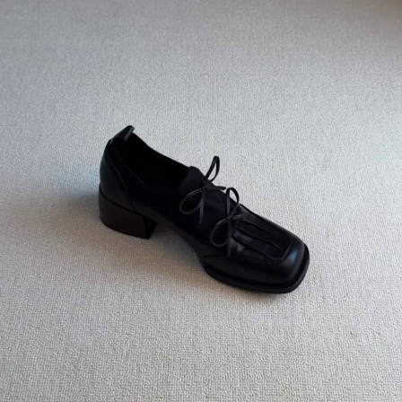 羊皮版~芭蕾风粗跟圆头蝴蝶结深口一脚蹬乐福鞋女粗跟厚底小皮鞋