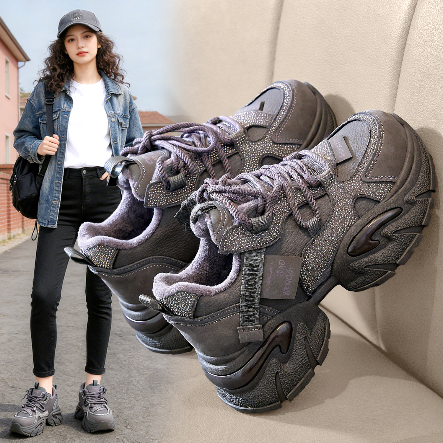 女鞋冬季厚底老爹鞋内增高初中生运动鞋软底防滑紫色加绒棉鞋爆款主图