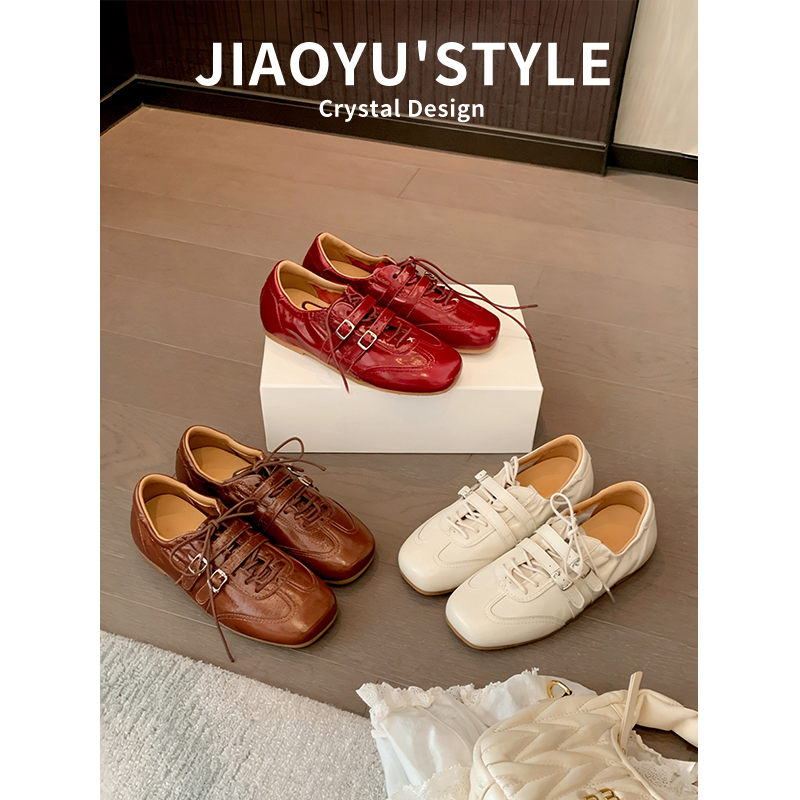 真皮~骄屿内增高芭蕾德训鞋春新款红色方头系带休闲运动玛丽珍鞋主图