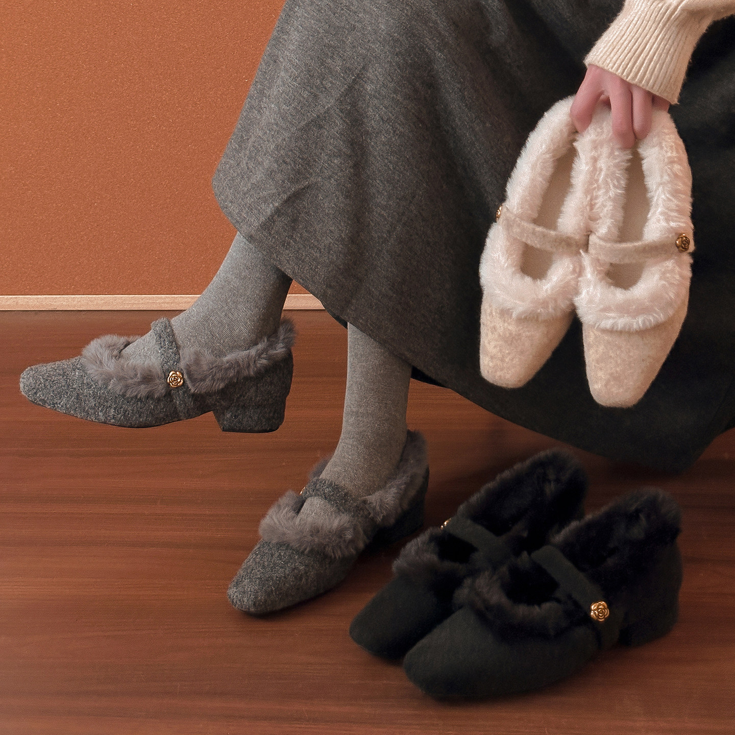 4CM粗高跟毛毛鞋女春冬季新款山茶花加绒棉毛口呢子单鞋玛丽珍鞋主图