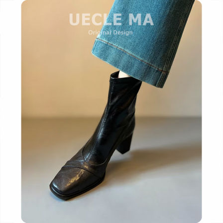 羊皮版~高跟气质短靴女秋冬新款马丁靴小个子法式方头粗跟瘦瘦靴