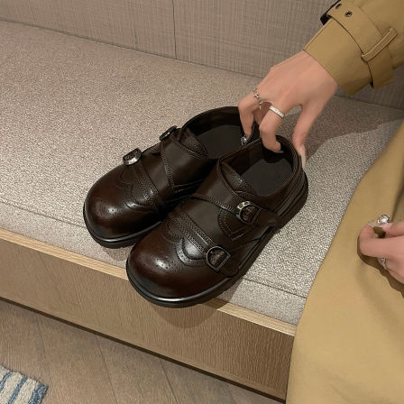 伯爵猫圆头英伦风复古小皮鞋女法式秋魔术贴乐福单鞋布洛克单鞋子