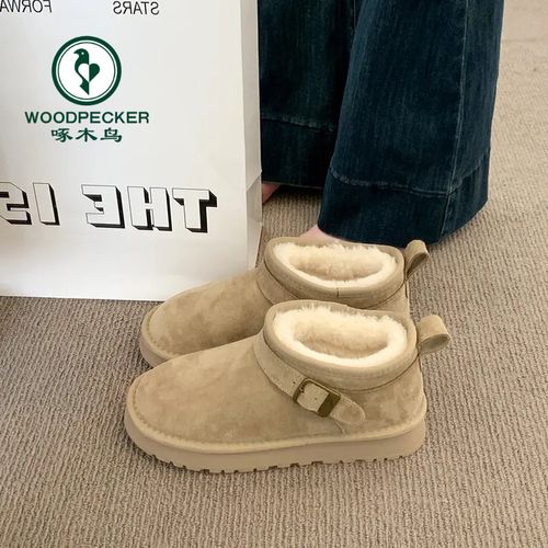 啄木鸟皮毛一体雪地靴女款爆款2025新款冬季加绒加厚东北大棉鞋子主图