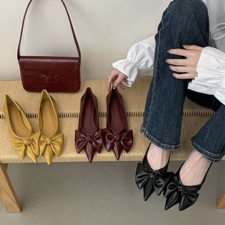 【3种跟】尖头单鞋女2026春季新款配裙子女鞋蝴蝶结浅口红色鞋子