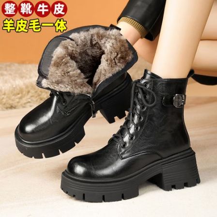 马丁靴【整靴牛皮羊--毛靴】冬加绒真皮女短靴手抓纹复古厚底女靴