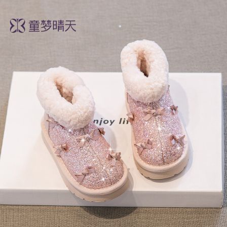童梦晴天女童棉鞋2026新款冬季加绒加厚雪地靴儿童公主靴粉色靴子