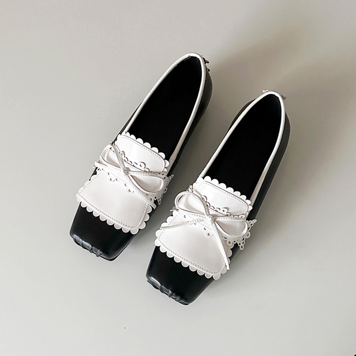 羊皮版~设计感小众方头猪鼻子浅口芭蕾鞋女蝴蝶结花边暗黑风单鞋主图