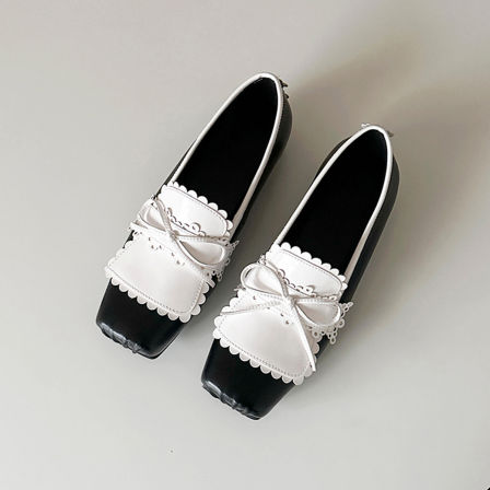 羊皮版~设计感小众方头猪鼻子浅口芭蕾鞋女蝴蝶结花边暗黑风单鞋