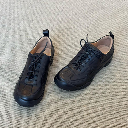 羊皮版~黑色休闲运动乐福鞋女复古风轻便通勤系带深口圆头小皮鞋