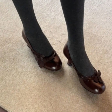 羊皮版~复古棕色真皮高跟鞋女一脚蹬圆头蕾丝气质不累脚中古单鞋