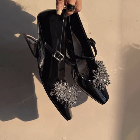 羊皮版~法式漆皮优雅时尚高跟单鞋女新款绝美烟花洒气质玛丽珍鞋