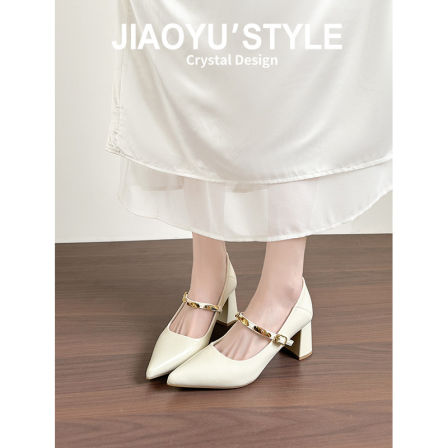真皮~骄屿 粗跟高跟鞋女尖头玛丽珍鞋春新款小个子高级感法式单鞋
