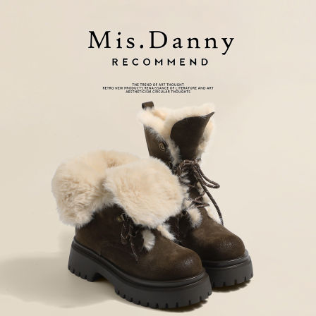 磨砂牛皮~增高5.5厚底雪地靴女两穿擦色复古中筒骑士靴加厚棉鞋冬