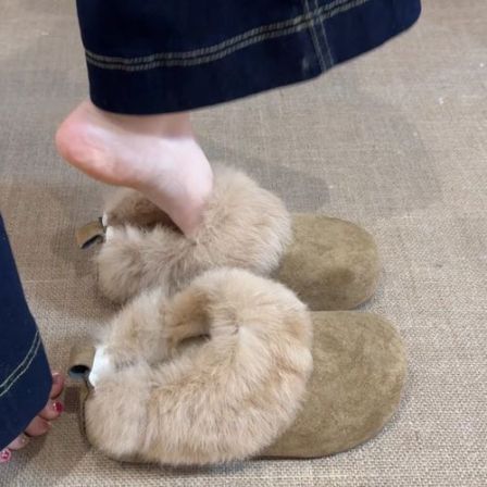 时尚毛毛包头棉拖鞋女冬季新款2025厚底勃肯鞋半托加绒懒人雪地靴