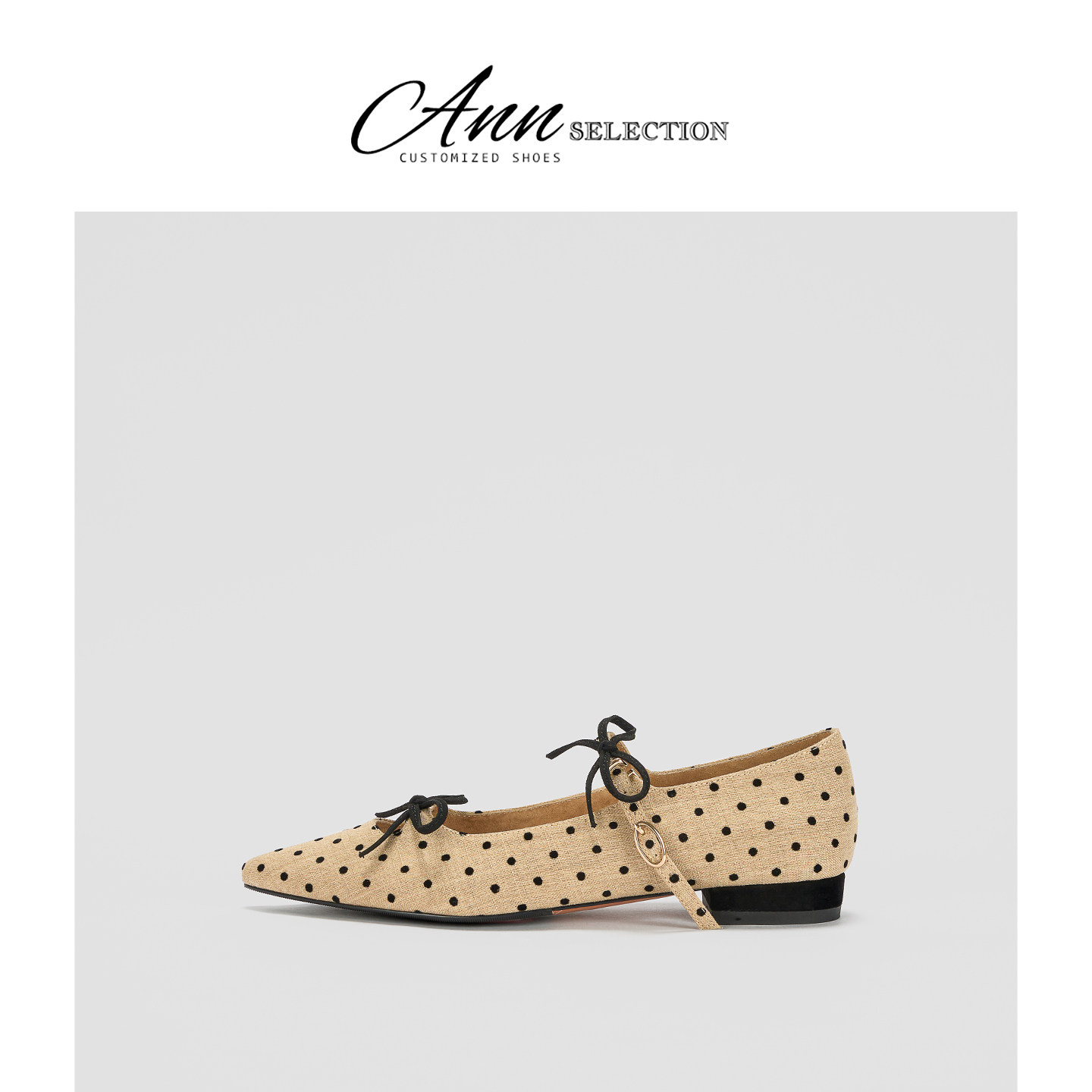 ANN日系蝴蝶结尖头单鞋女2026春季新款一字扣波点粗跟浅口芭蕾鞋主图