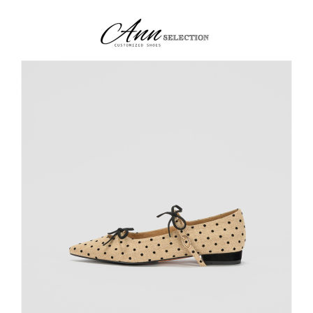 ANN日系蝴蝶结尖头单鞋女2026春季新款一字扣波点粗跟浅口芭蕾鞋