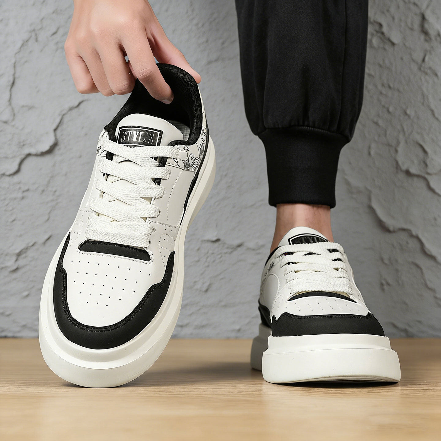 鞋子男鞋黑白拼色熊猫板鞋厚底增高青少年学生百搭休闲防水小白鞋主图