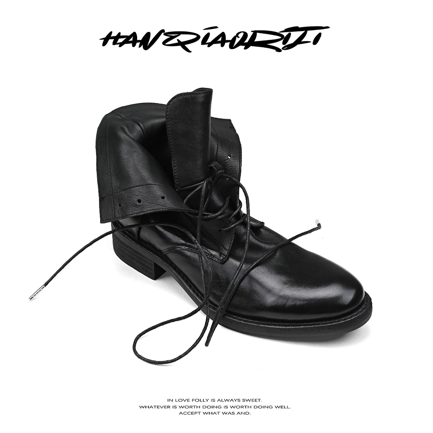 韩桥日记[黑血系列]\"骑士\"水洗马皮机车靴子系带短靴尖头切尔西靴主图