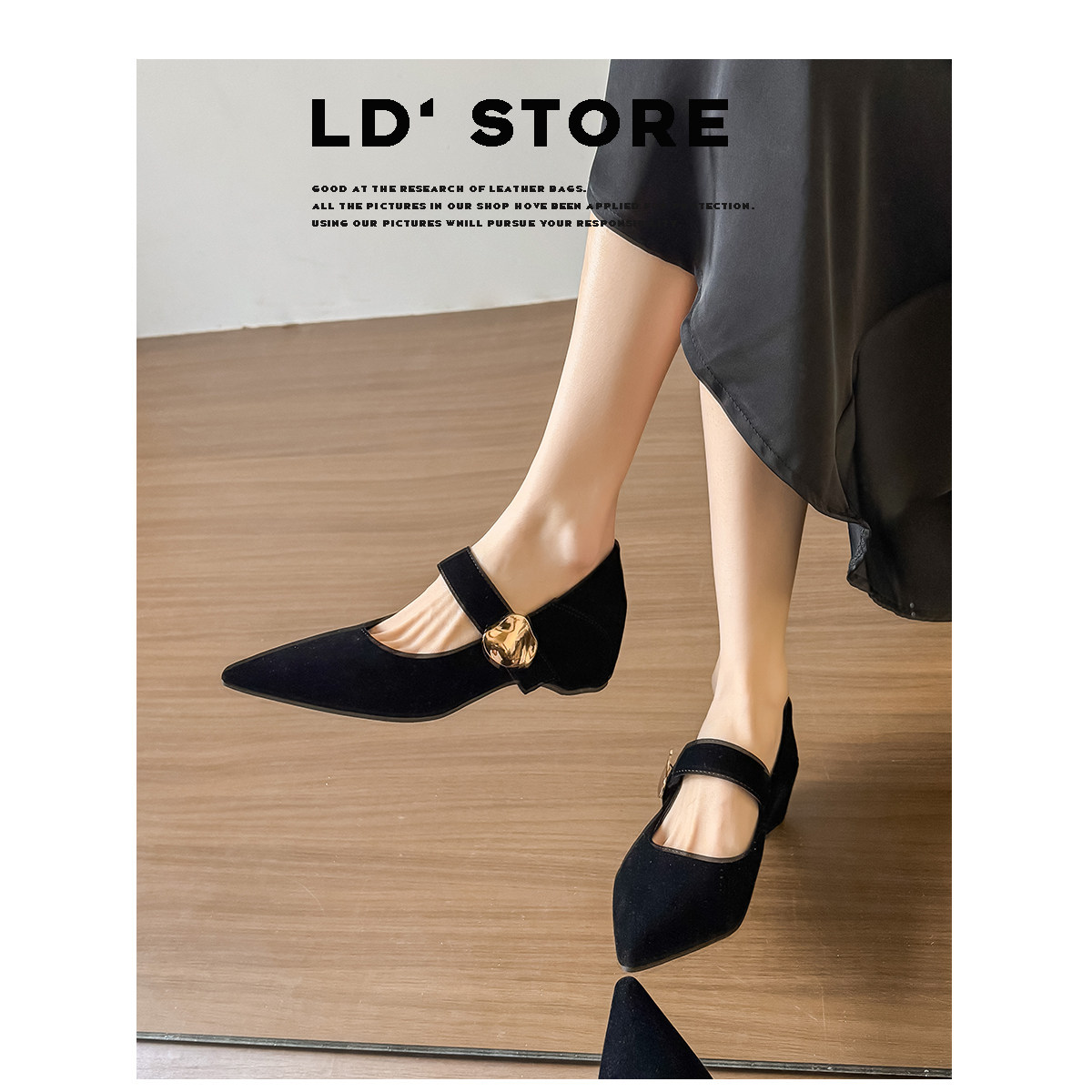 真皮~内增高法式尖头玛丽珍单鞋女2026新款异形金扣丝绒粗跟单鞋主图