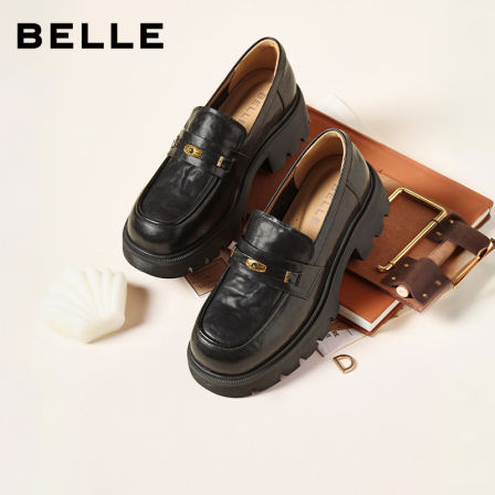 【胡可推荐】百丽复古一脚蹬厚底增高乐福鞋学院风黑色小皮单鞋