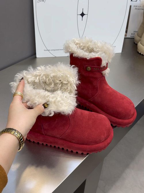 红色本命年厚底雪地靴女羊羔毛新款冬季马丁靴两穿短靴加绒毛毛靴主图