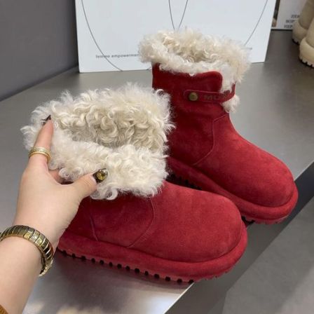 红色本命年厚底雪地靴女羊羔毛新款冬季马丁靴两穿短靴加绒毛毛靴