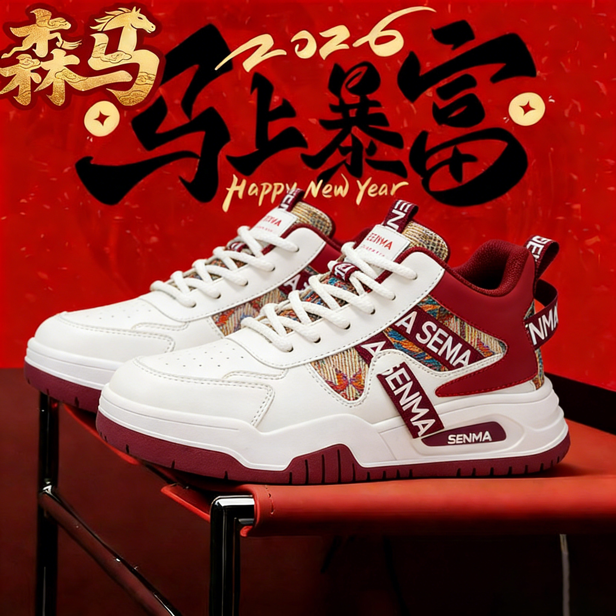 森马“一马当先”男鞋春季设计感百搭高帮板鞋防滑跑步真皮运动鞋主图