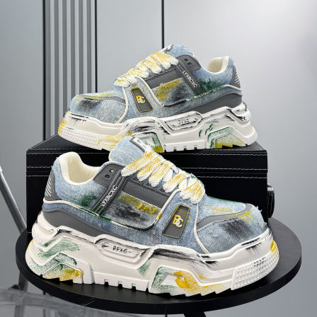 男鞋2026新款超火老爹鞋潮牌板鞋厚底隐形8CM增高鞋男牛仔布鞋子