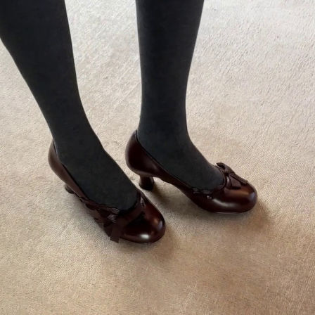 羊皮版~复古圆头蝴蝶结中古粗跟单鞋浅口百搭一脚蹬玛丽珍高跟鞋