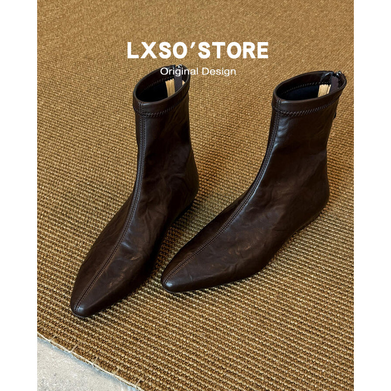 牛皮版~法式气质韩系坡跟瘦瘦靴平底百搭小短靴女低跟2cm尖头靴子主图