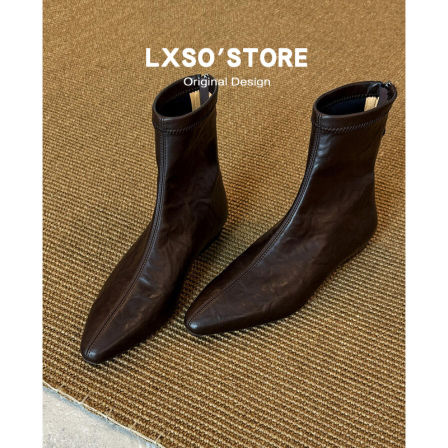 牛皮版~法式气质韩系坡跟瘦瘦靴平底百搭小短靴女低跟2cm尖头靴子