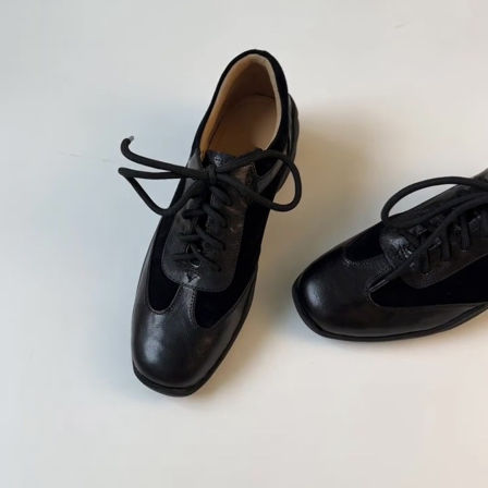 Wheat house ~！复古真皮运动厚底深口单鞋女黑色百搭系带小皮鞋