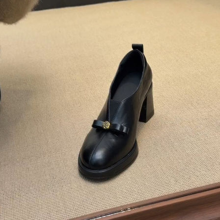 羊皮版~甜酷复古风高跟乐福鞋女不累脚真皮深口茶花蝴蝶结小皮鞋