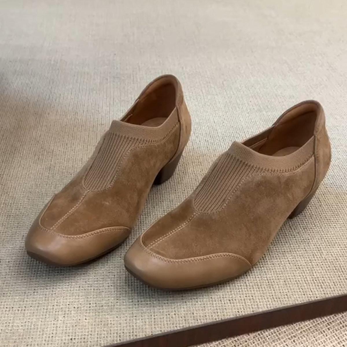 羊皮版~时尚简约复古绒面深口乐福鞋女低跟圆头外穿一脚蹬通勤鞋主图