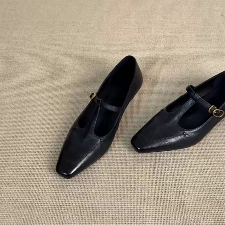 羊皮版~方头丁字带复古风小众显瘦百搭秀气显脚小软底女浅口单鞋