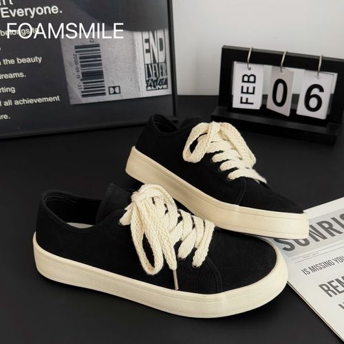 Foamsmile|2026酷帅街头春季情侣潮搭黑仿绒皮男小众薄款开车板鞋主图