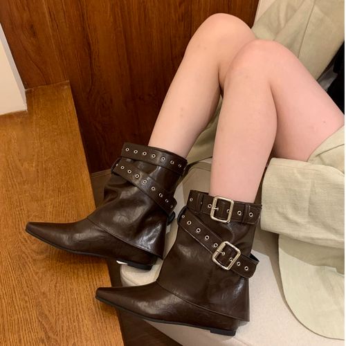 女秋冬小短靴2025秋冬新款复古辣妹西部牛仔风内增高皮面潮流百搭主图