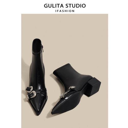 古莉塔 黑色法式尖头短靴女2026新款复古低跟皮带扣粗跟廋廋单靴主图