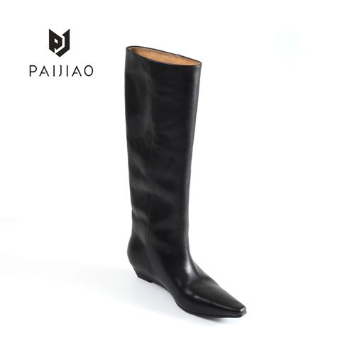 时装靴牛皮粗腿靴子秋冬女靴黑色粗跟女鞋百搭时尚高靴XC1114-1主图