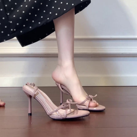 羊皮版~法式温柔蝴蝶结高跟凉鞋一字带露趾配裙子气质细跟高跟鞋