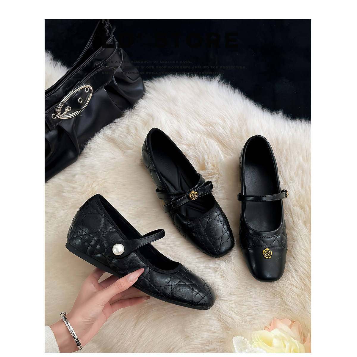 5CM内增高~山茶花玛丽珍鞋女2026春新款珍珠小香风菱格纹平底单鞋主图