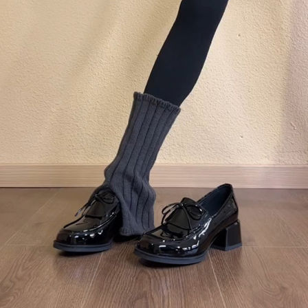 羊皮版~法式英伦风黑色圆头漆皮小皮鞋女粗跟圆头蝴蝶结甜酷单鞋