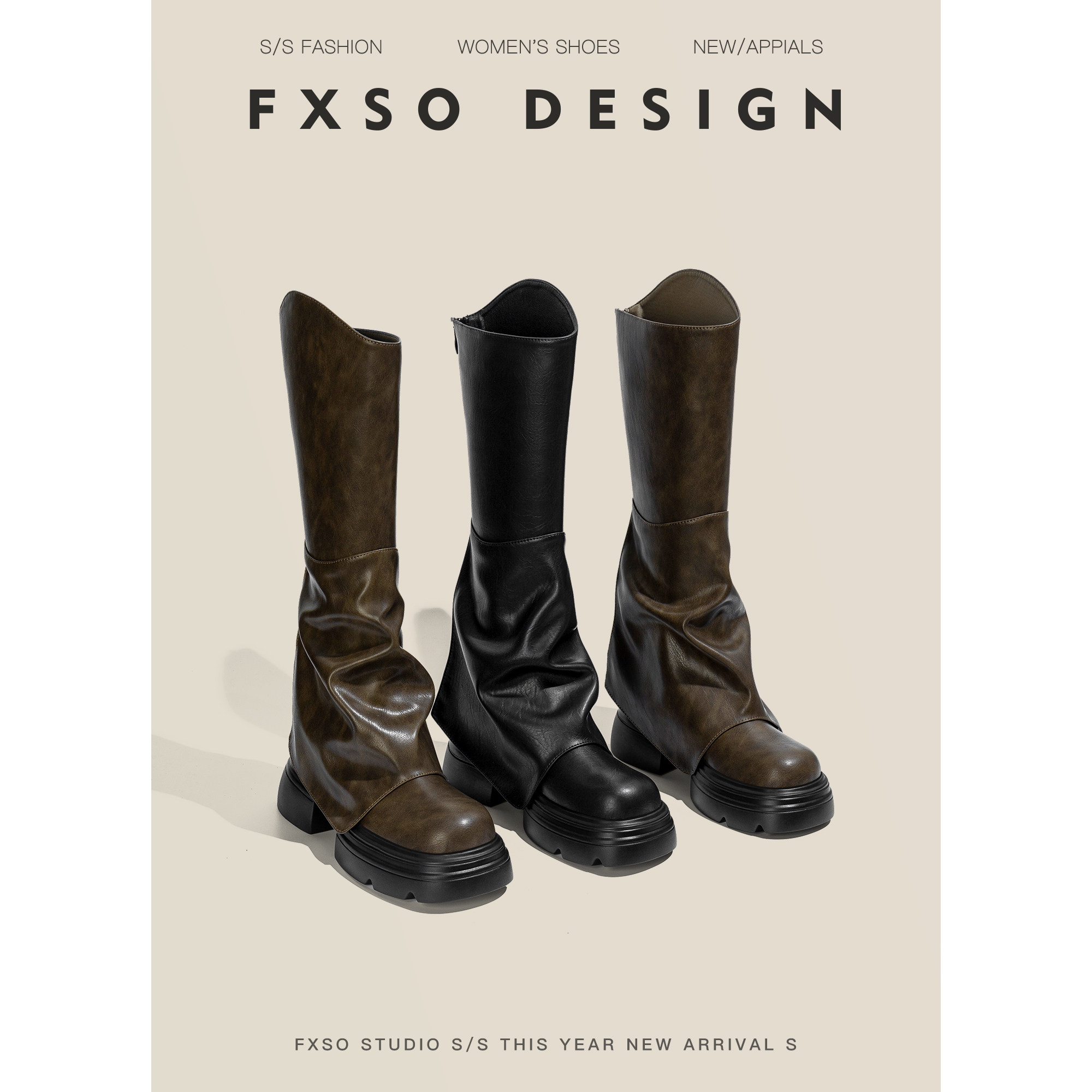 真皮【方巷大叔】2026冬季新款裤管靴厚底斜口显瘦小个子高筒靴女主图