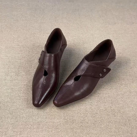 羊皮版~时尚帅气真皮复古风小皮鞋女魔术贴尖头百搭深扣简约单鞋