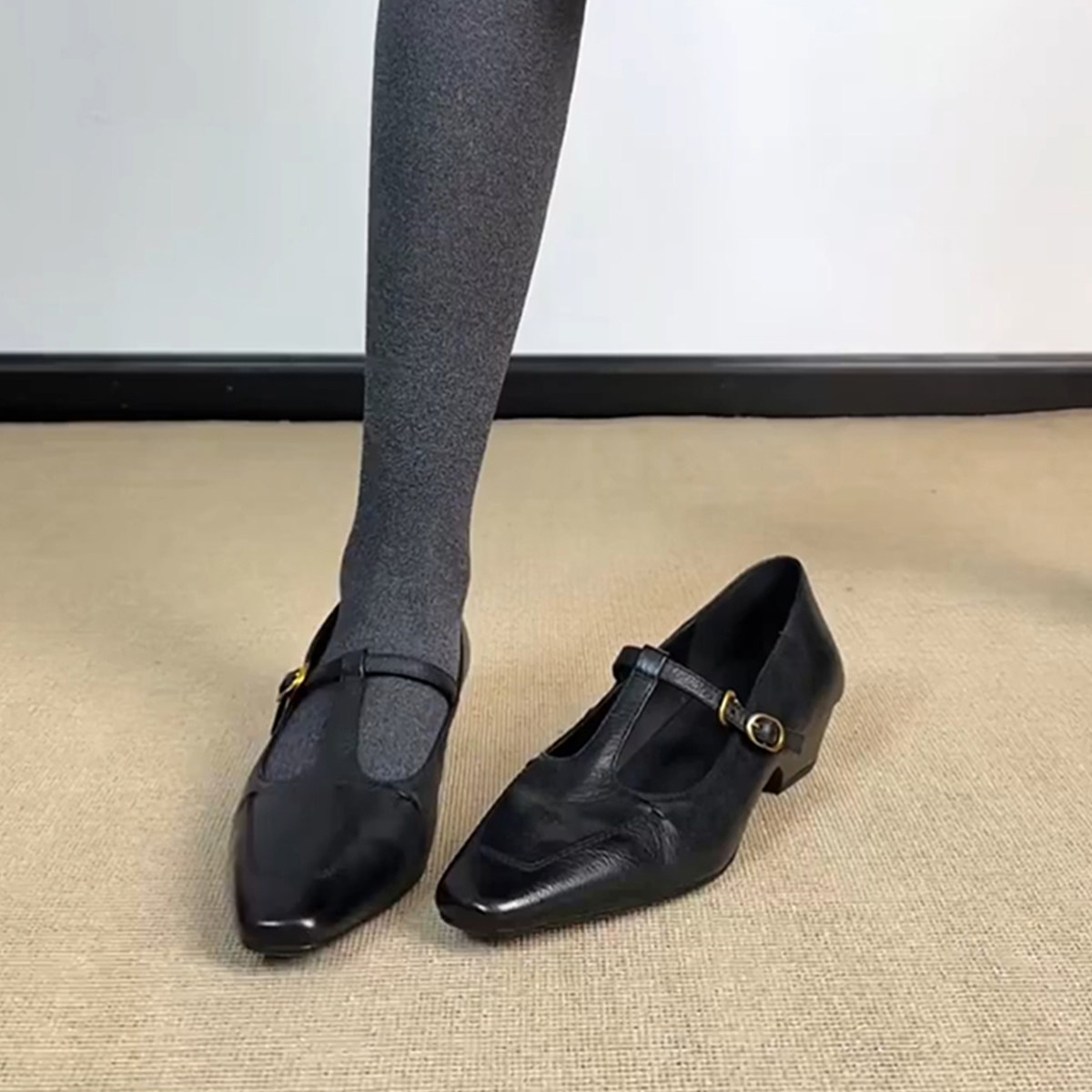 羊皮版~复古T字带显瘦玛丽珍鞋女简约气质优雅低跟单鞋外穿通勤鞋主图