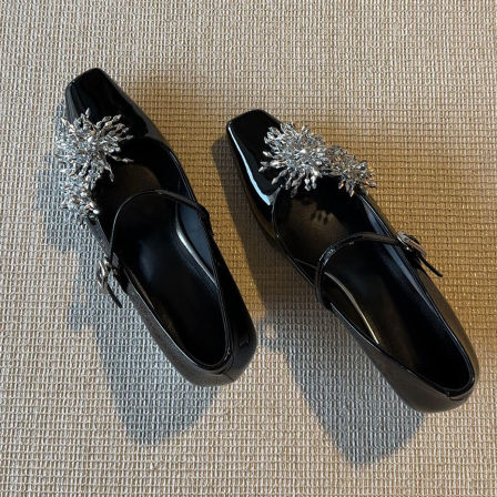 羊皮版~法式复古通勤气质百搭女鞋高级感烟花水钻一字带玛丽珍鞋