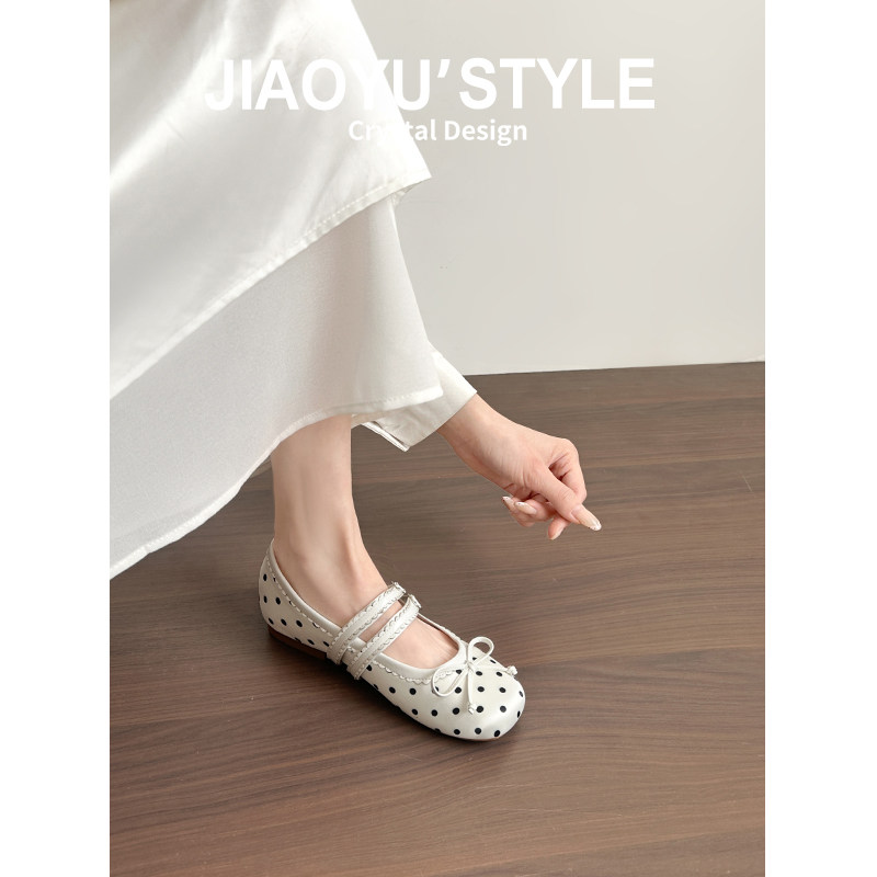 真皮~骄屿法式波点芭蕾玛丽珍鞋女2026新款一字带蝴蝶结浅口单鞋主图